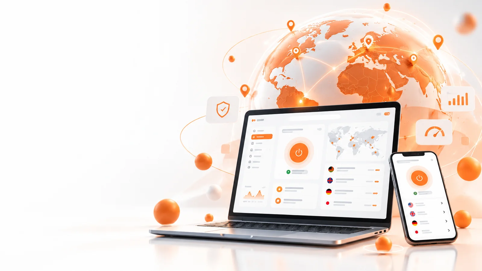 A global network illustration with connected devices and an orange globe