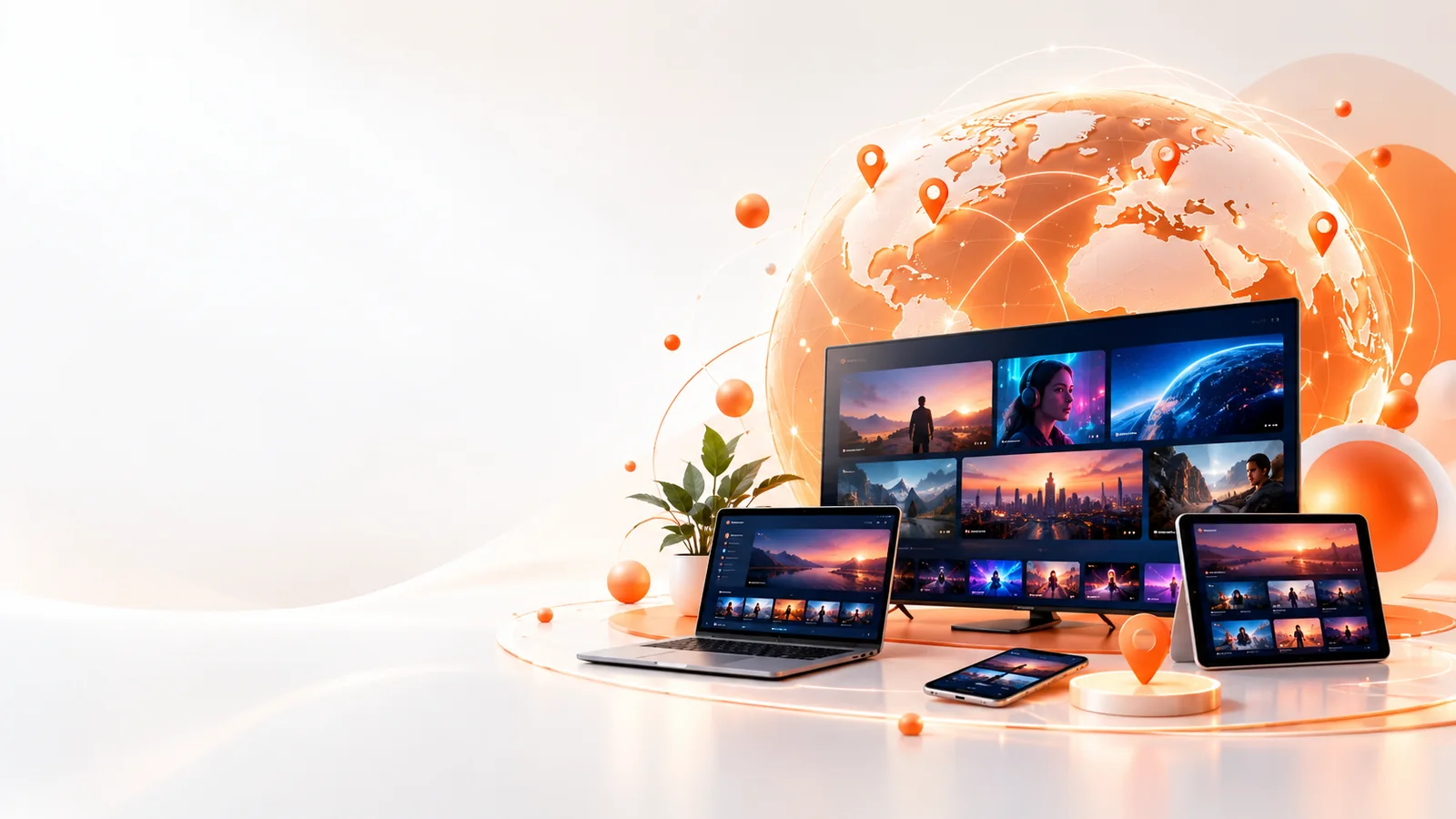 Entertainment screens and a connected globe representing access to content across regions