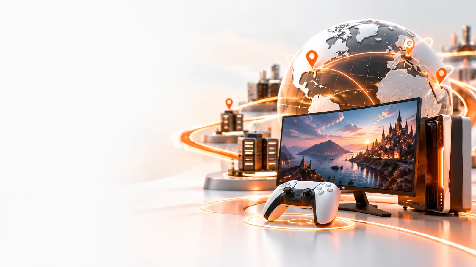 A gaming monitor and controller surrounded by global network connections
