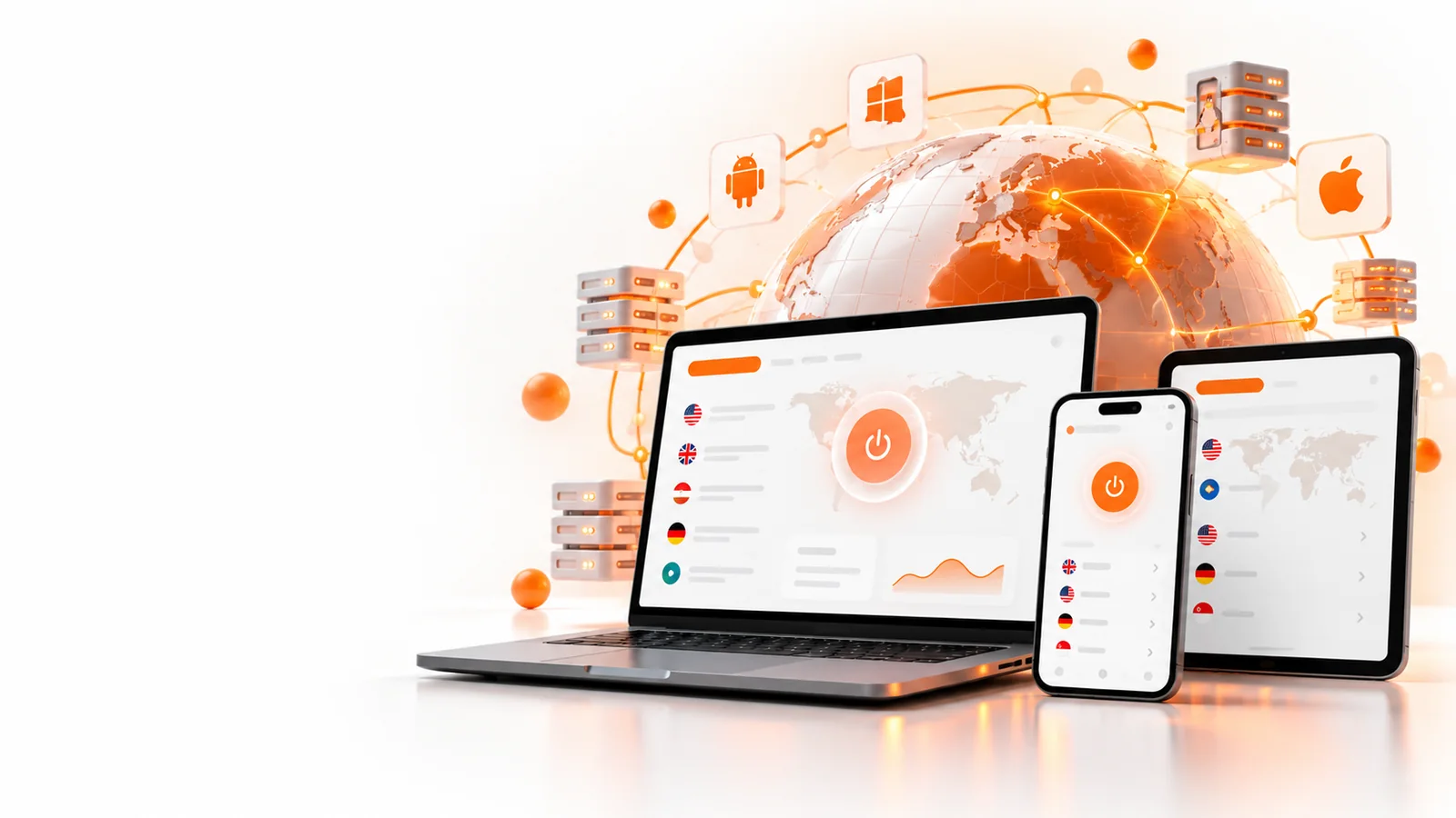 Laptop, phone, and tablet connected through a global network